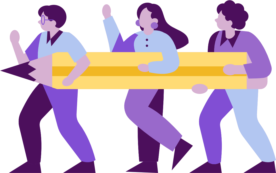 Three people carrying a giant pencil