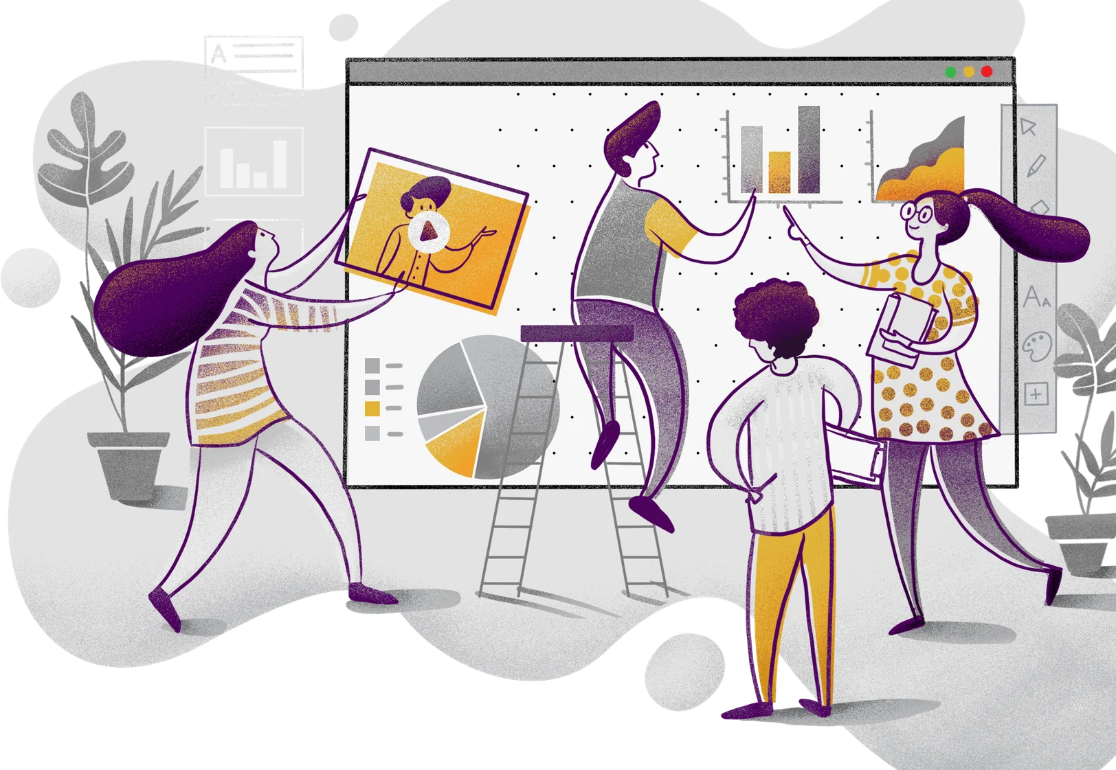 Illustrated team collaborating around a digital whiteboard with learning content and charts