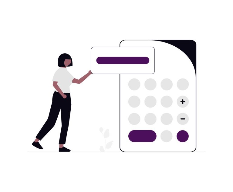 Illustration of a person entering figures on an oversized calculator, representing custom eLearning cost estimation