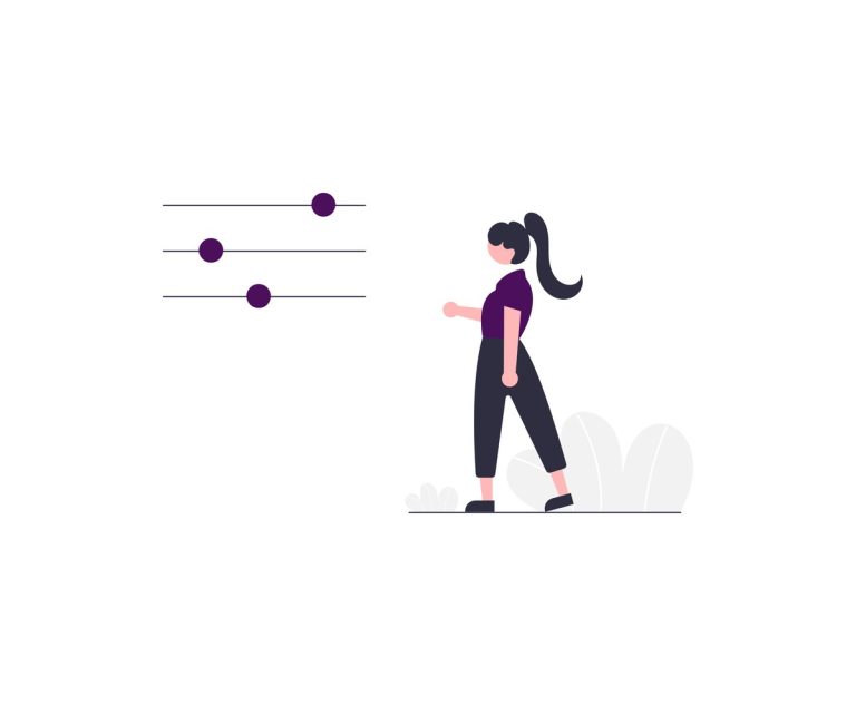 Illustration of a person weighing options on a set of sliders